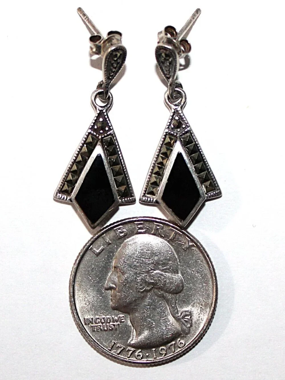 Retro Sterling Silver Onyx & Marcasite Dangle Earrings - Picture 3 of 5